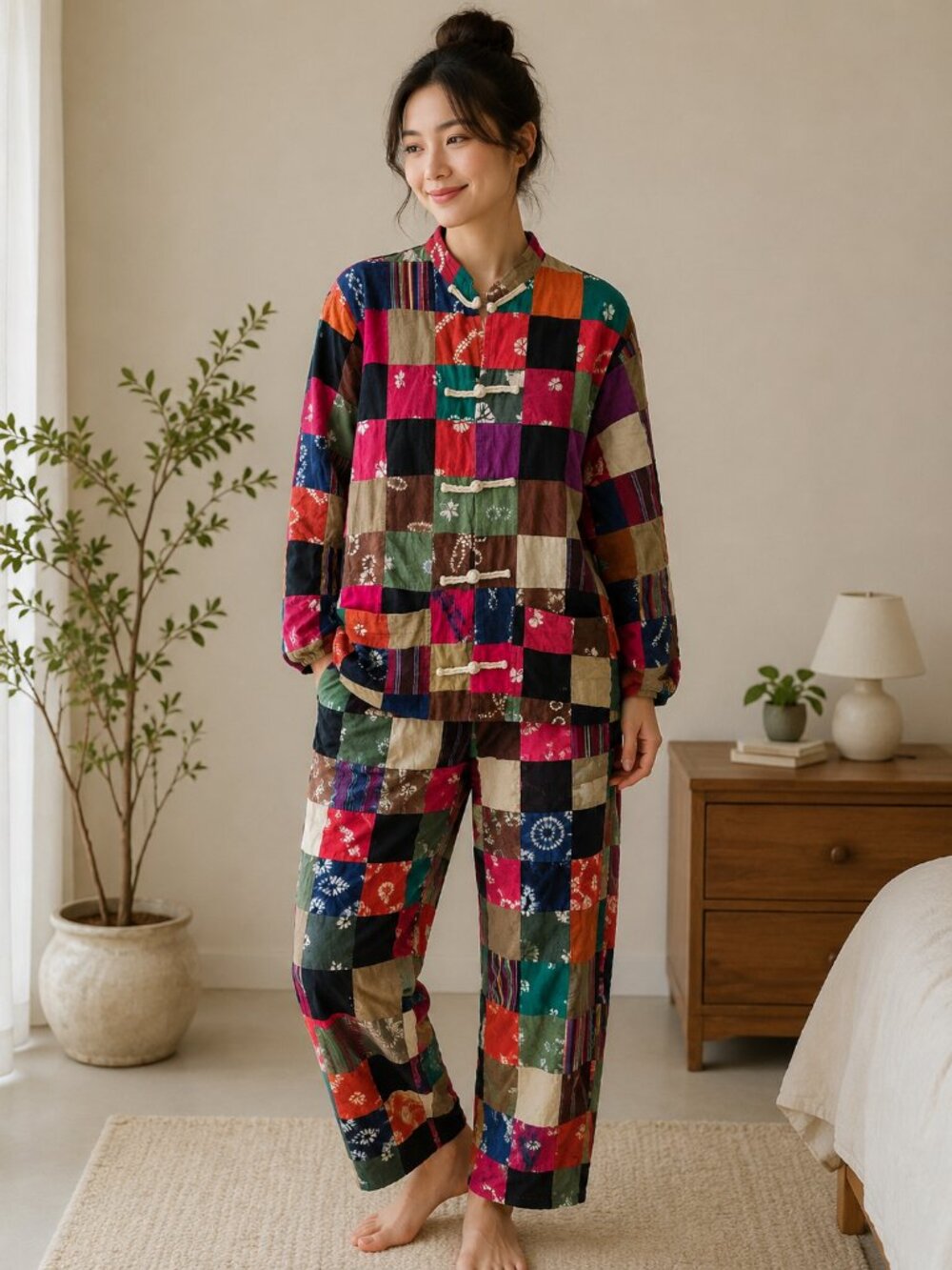 VTG Patchwork Pajama Set From Japan Cotton Rare Med Elastic Waist Lined
